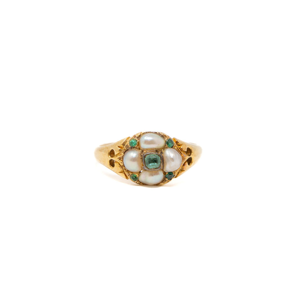 18k Gold Pearl and Emerald Ring