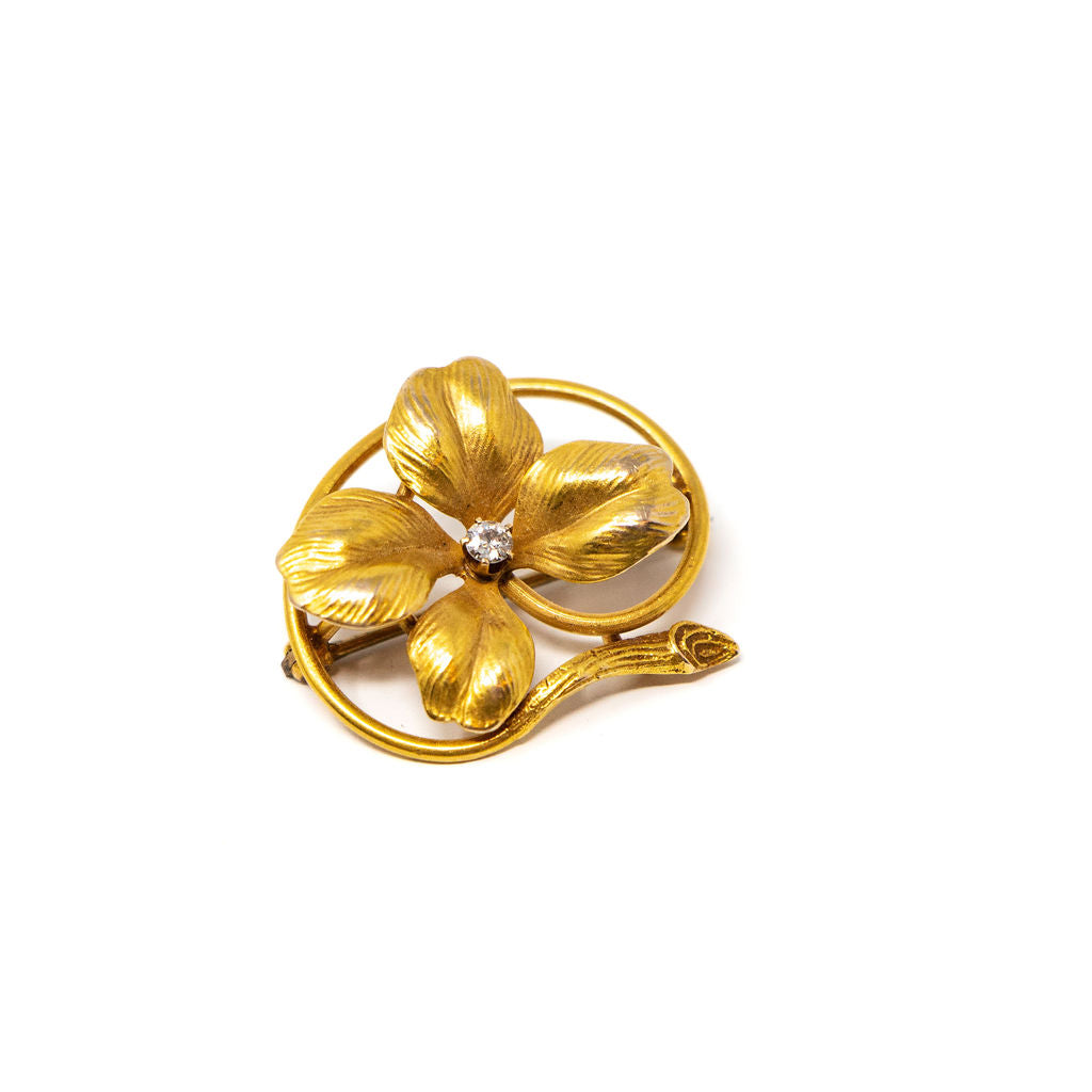 14k Gold and Diamond Four Leaf Clover Pin