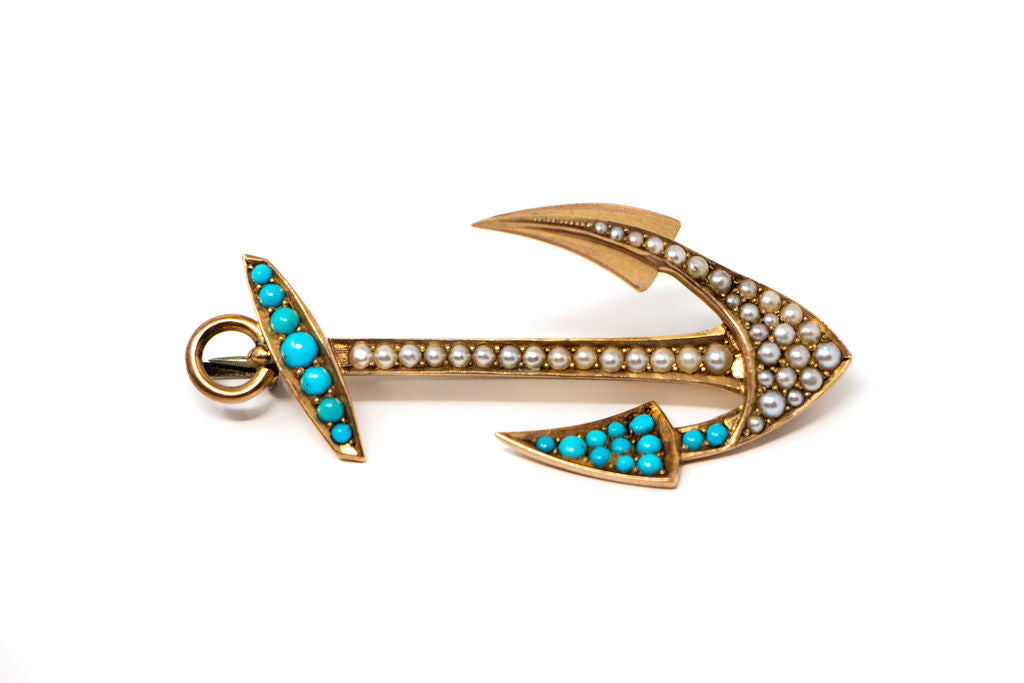 14k Gold Turquoise and Seed Pearl Anchor Pin