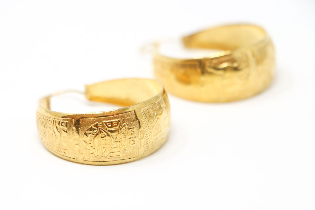 Gold Vermeil Peruvian Motif Hoop Earrings