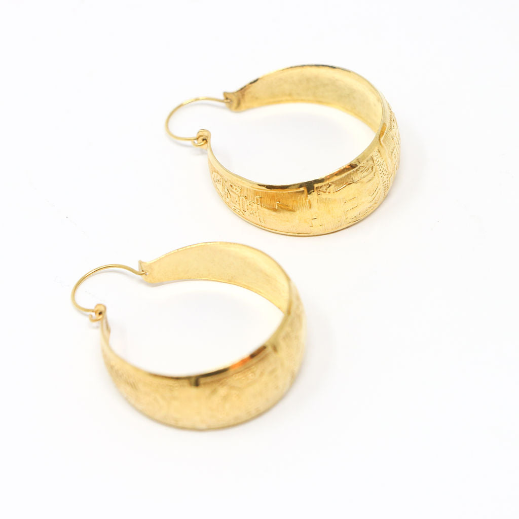 Gold Vermeil Peruvian Motif Hoop Earrings