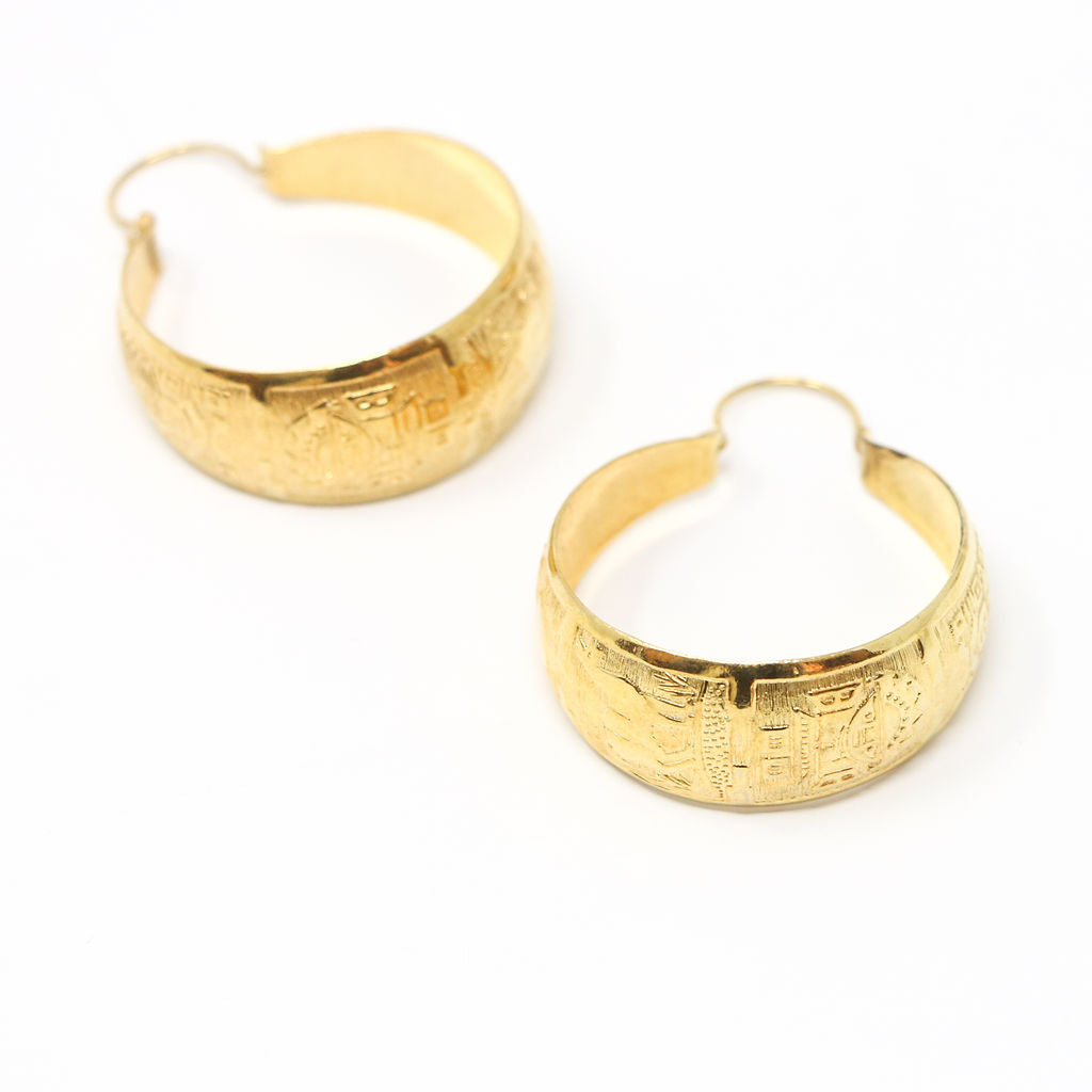Gold Vermeil Peruvian Motif Hoop Earrings
