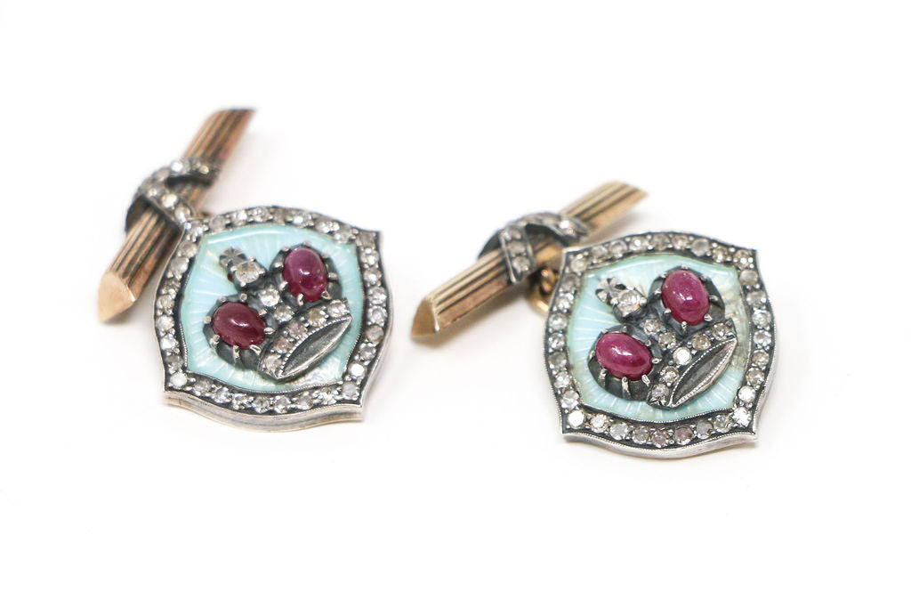 14k "Faberge-Style" Ruby and Diamond Cuff Links