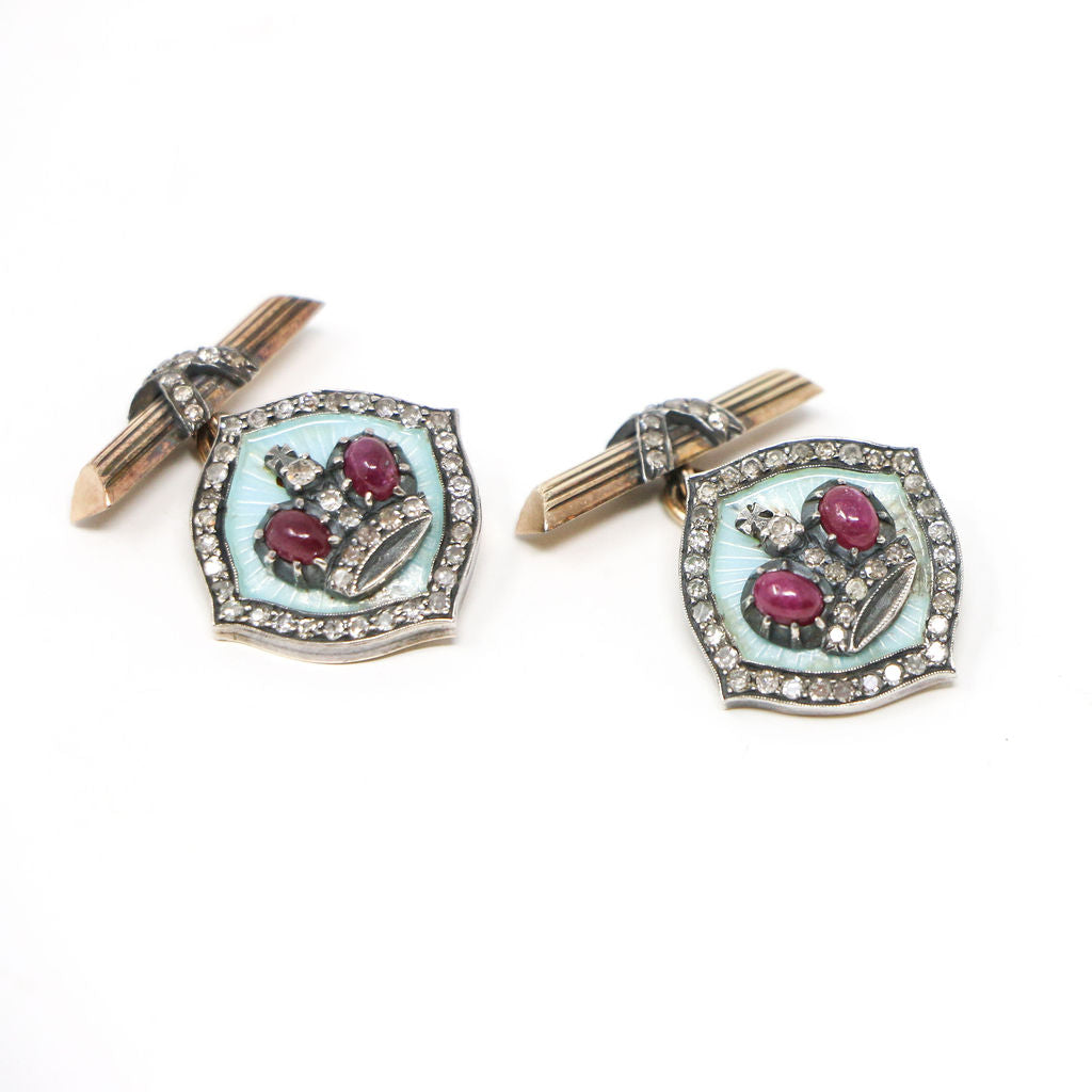 14k "Faberge-Style" Ruby and Diamond Cuff Links