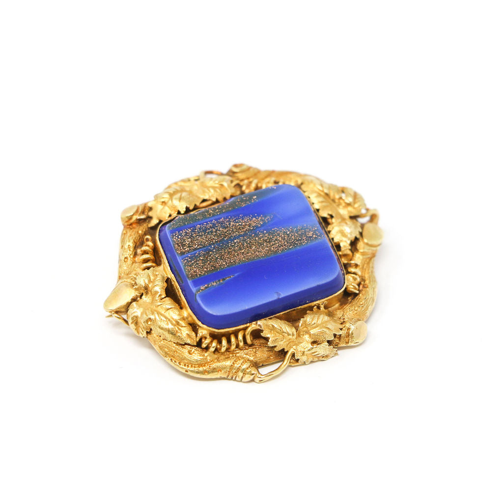 18k Gold Blue Glass Brooch
