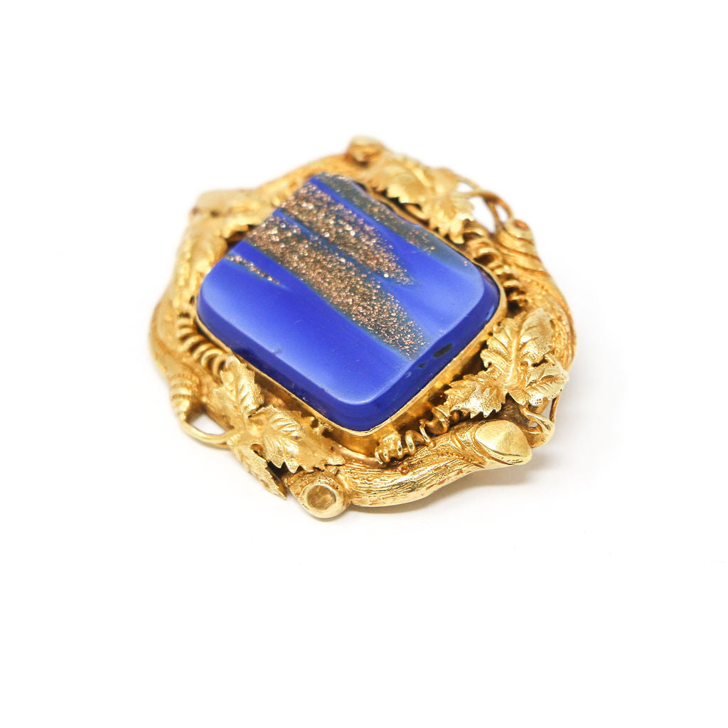 18k Gold Blue Glass Brooch