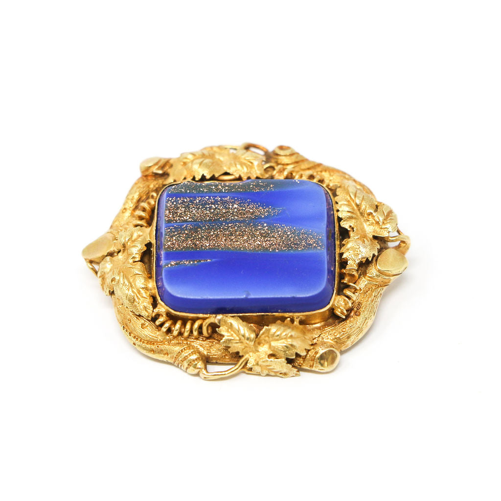 18k Gold Blue Glass Brooch