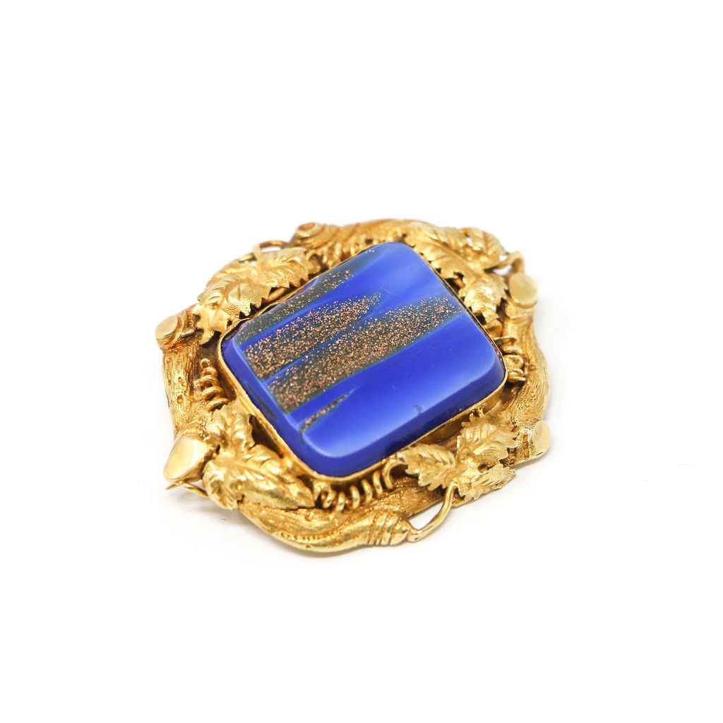 18k Gold Blue Glass Brooch