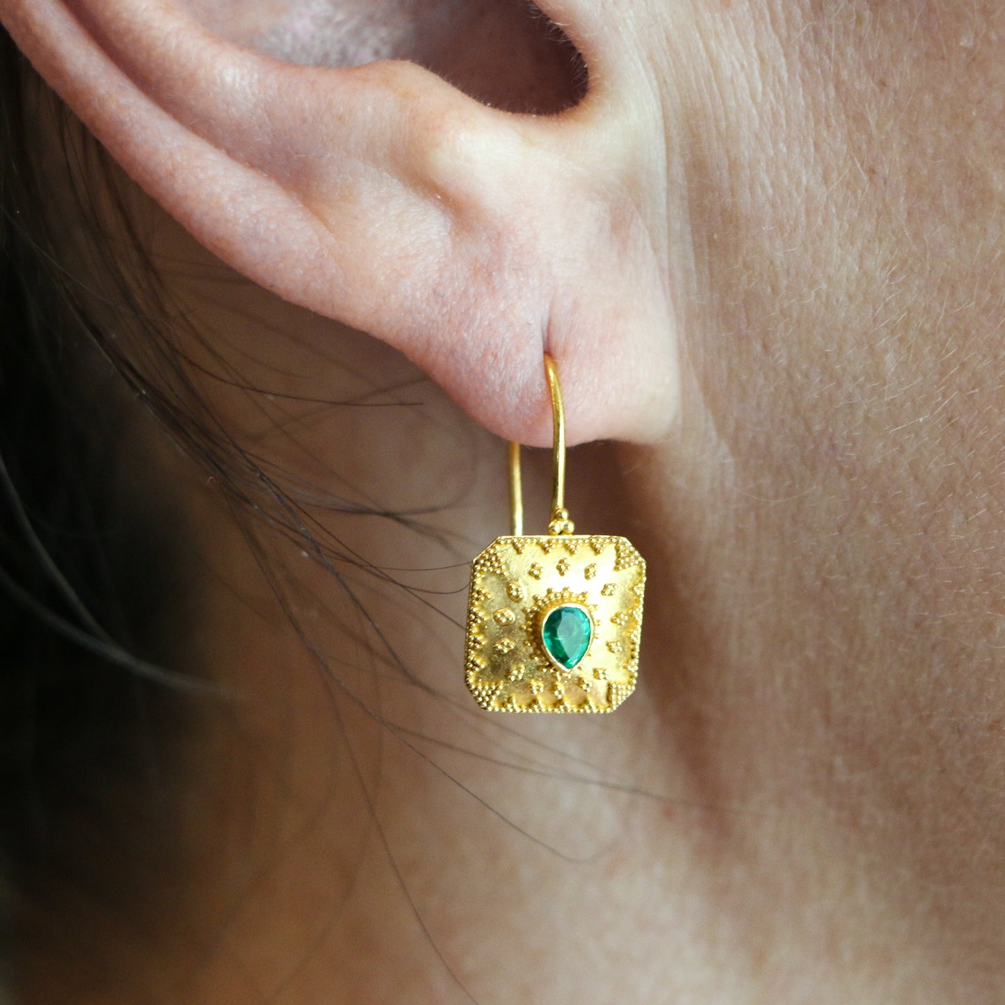 22k Yellow Gold Granulated Emerald Earrings