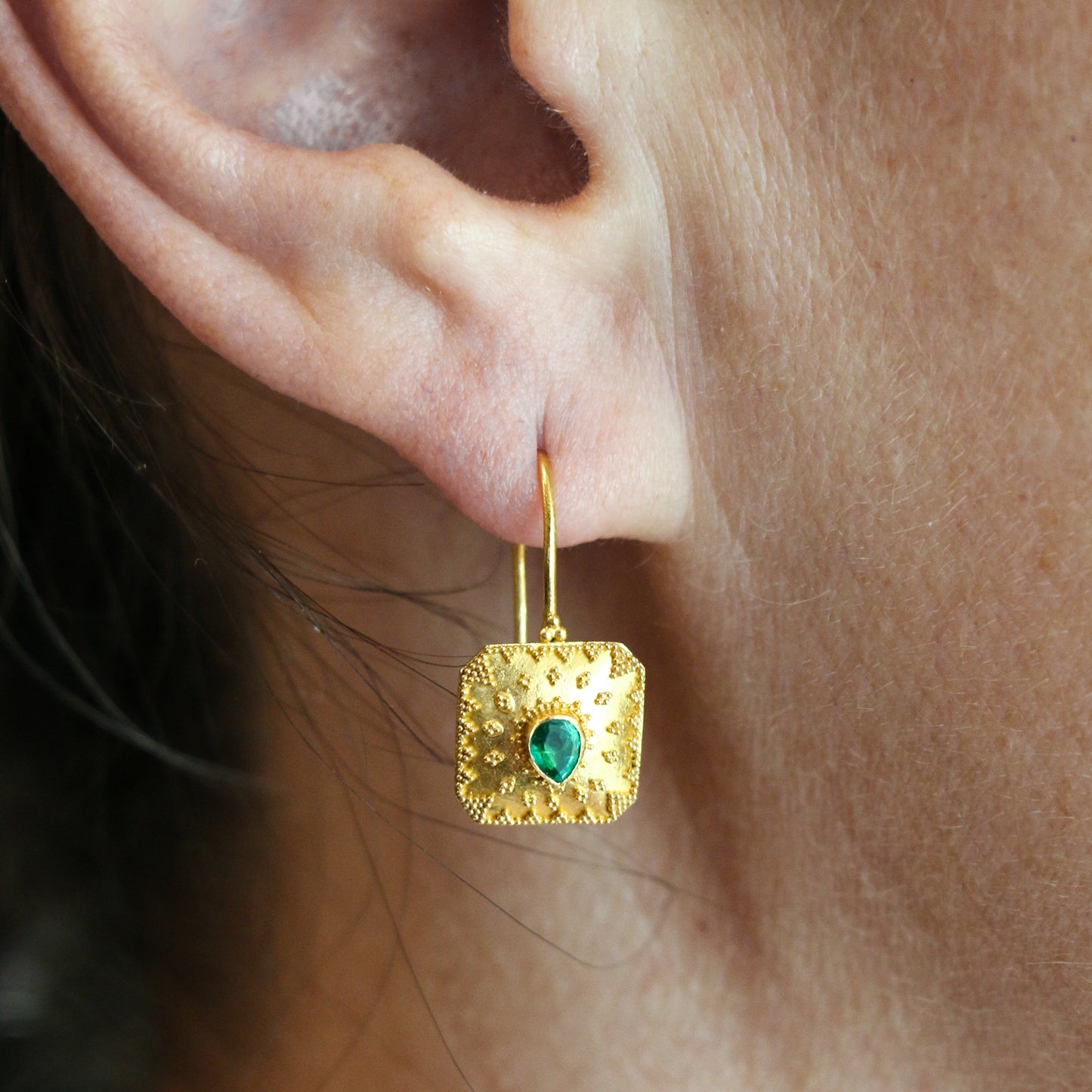 22k Yellow Gold Granulated Emerald Earrings