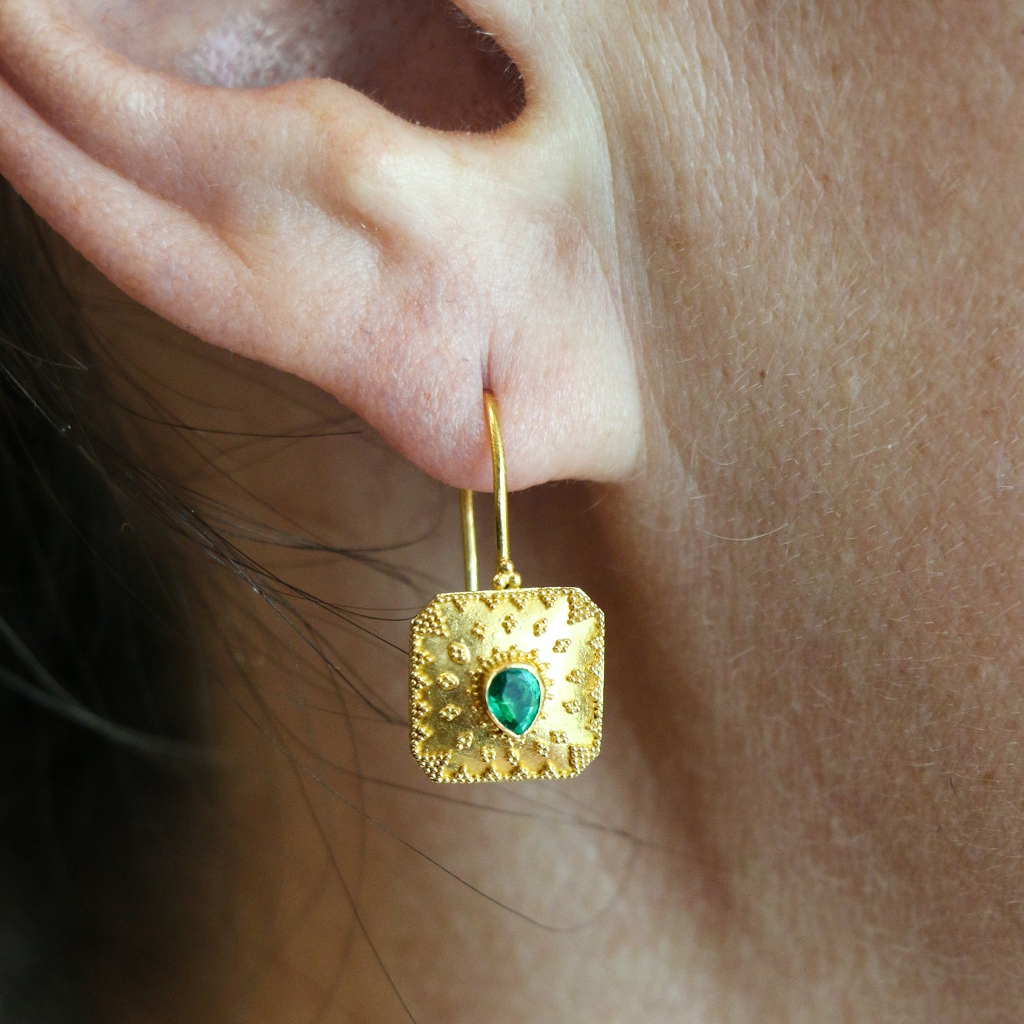 22k Yellow Gold Granulated Emerald Earrings