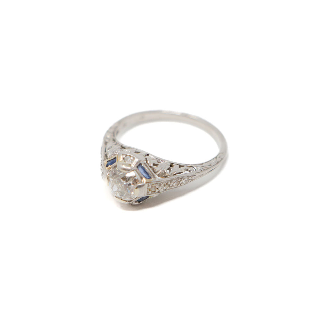 14k Gold Diamond and Sapphire Filigree Ring