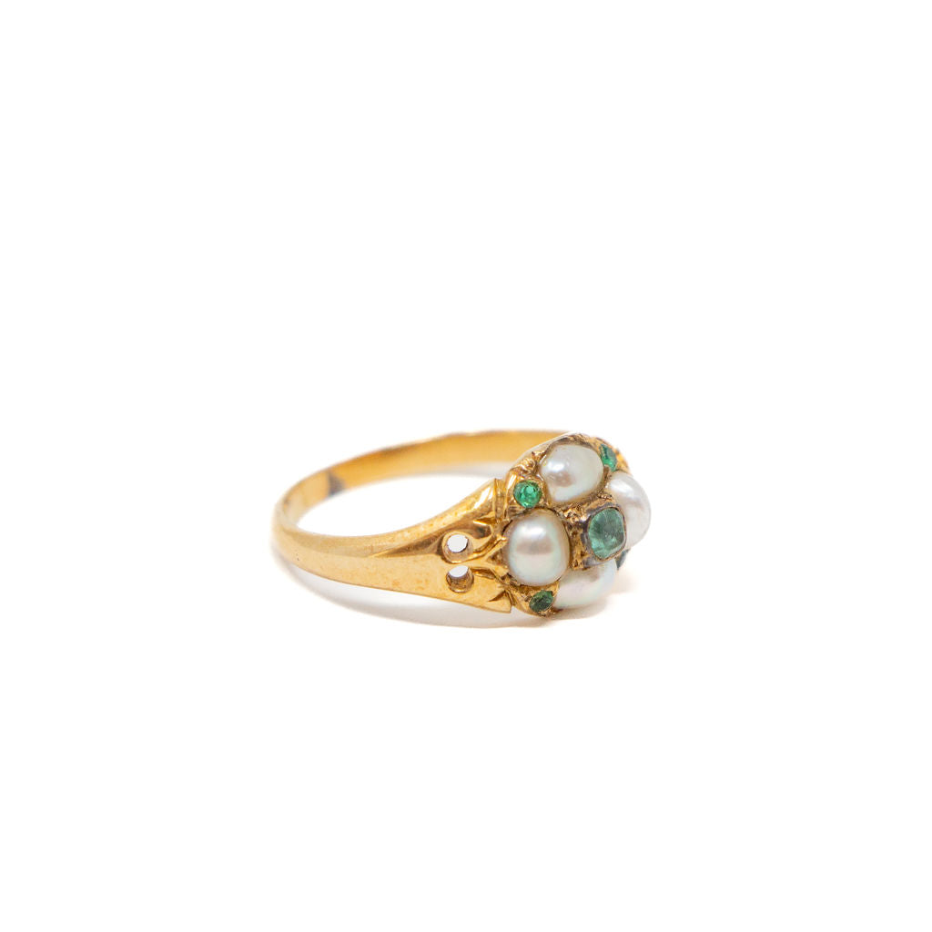 18k Gold Pearl and Emerald Ring