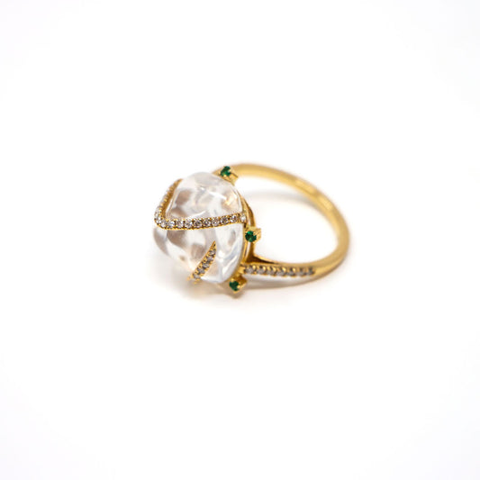 18k Gold Opal and Diamond Ring With Emerald Accents