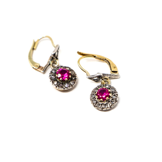 14k Gold and Silver Synthetic Ruby Earrings With Diamond Accents