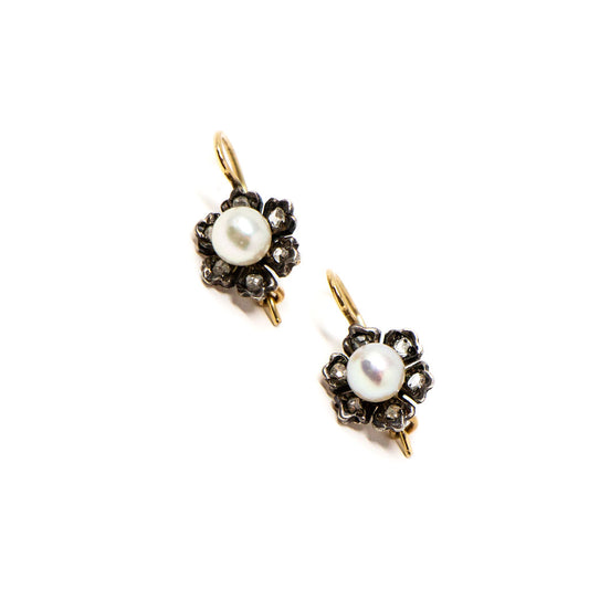 14k Gold and Silver Pearl and Diamond Petal Earrings