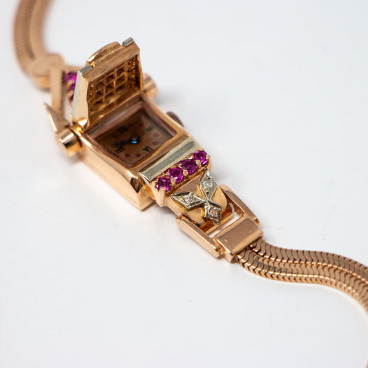 14k Rose Gold Ruby and Diamond Watch
