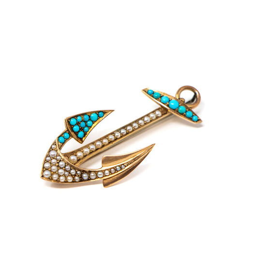 14k Gold Turquoise and Seed Pearl Anchor Pin